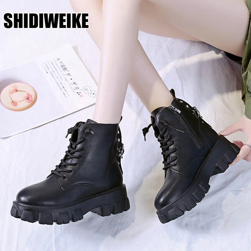 

Женские Ботинки, Ботильоны, кожаные черные ботинки на платформе с круглым носком, женские готические ботинки, дизайнерская роскошная женск...