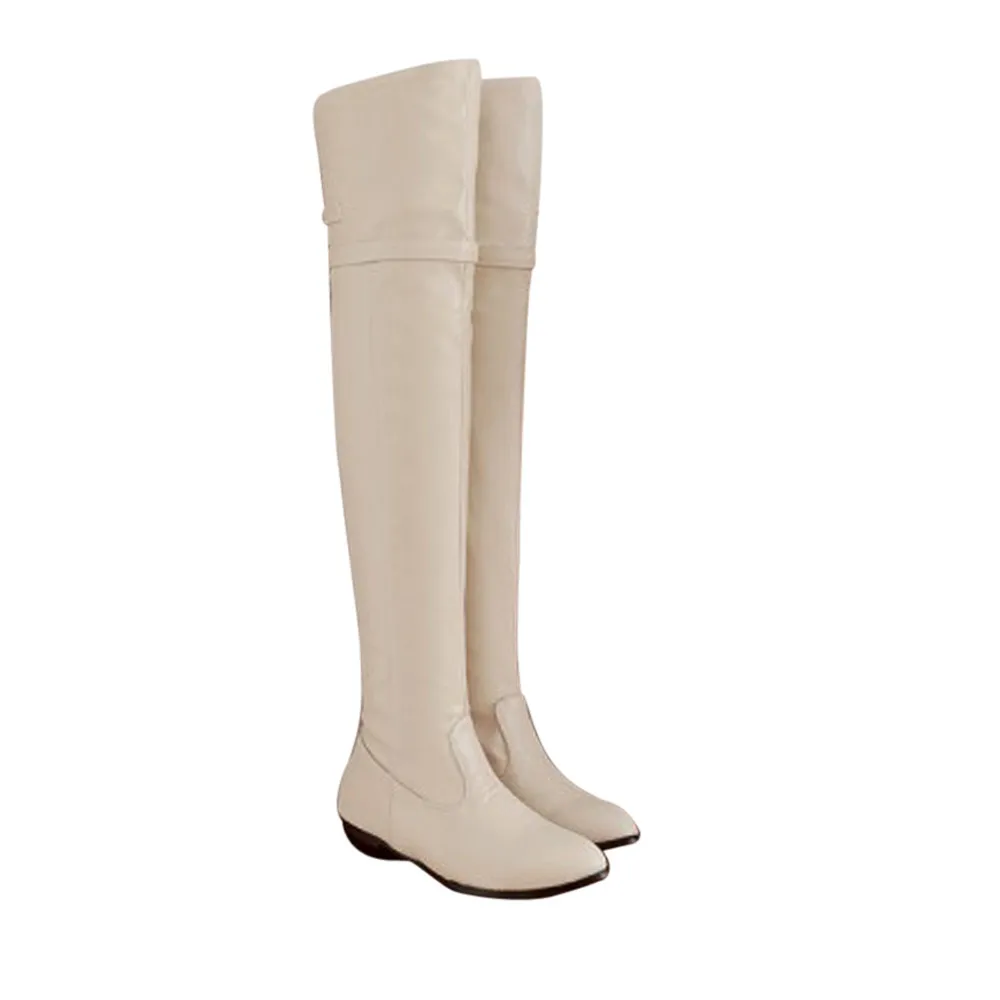 Beige SAGACE; женские высокие сапоги; женские зимние сапоги из искусственной кожи; высокие сапоги; рыцарские сапоги с круглым носком; сапоги на плоской подошве с высоким ремнем и пряжкой; G0920#35 - Цвет: Beige