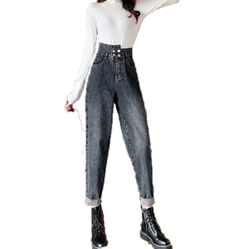 

2020 Fashionable High Waist Jeans for Women Retro Hong Kong Style Slimming and Tall Greyish Black Tappered Harem Pants Trendy