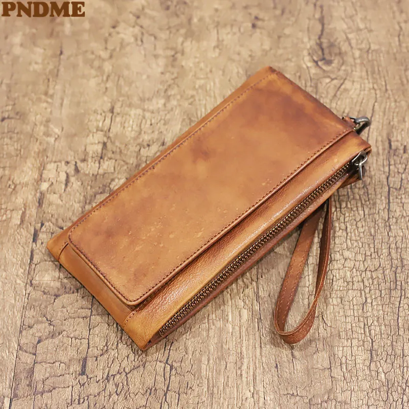 

PNDME vintage genuine leather men's clutch wallet high-quality natural real cowhide women business multi-card holder coin purse