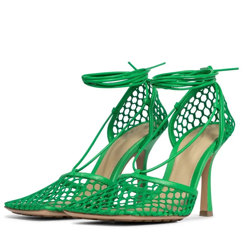 Sandalias de tacón alto de aguja para mujer, zapatos elegantes con cordones en el tobillo, con punta cuadrada de malla transpirable, talla grande 43