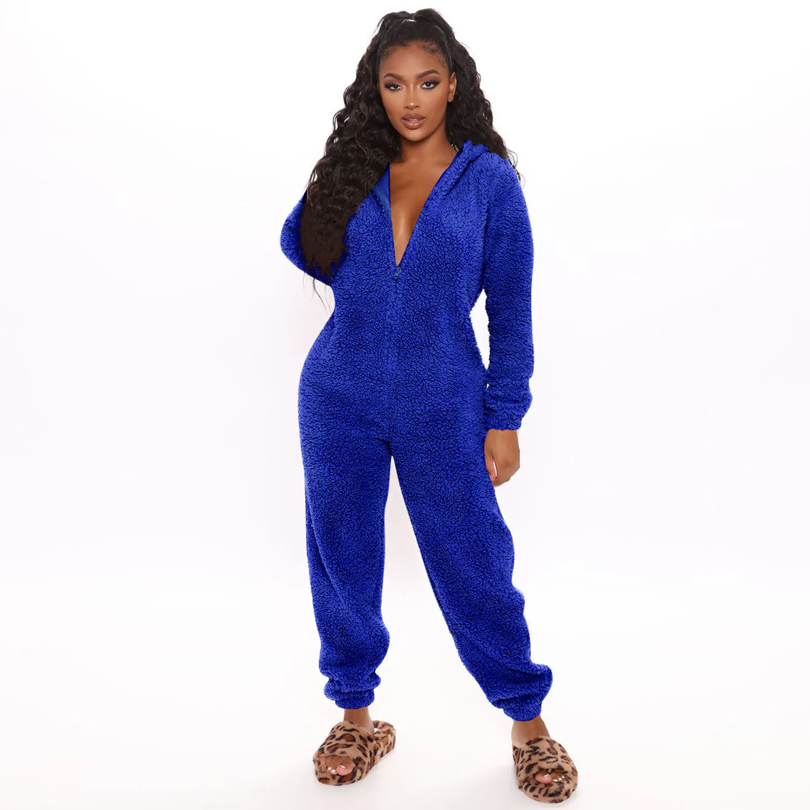 Casual Hooded Jumpsuit Loose Flannel Autumn Winter Lovely Zipper Plush with Ears Long Sleeve Warm Home Service Rompers 2021