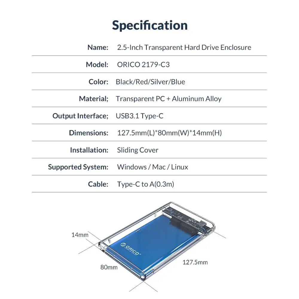 ORICO USB3.1 Gen1 Тип C HDD корпус Чехол USB3.0 чехол 4 ТБ жесткий диск Внешний 5 Гбит/с для