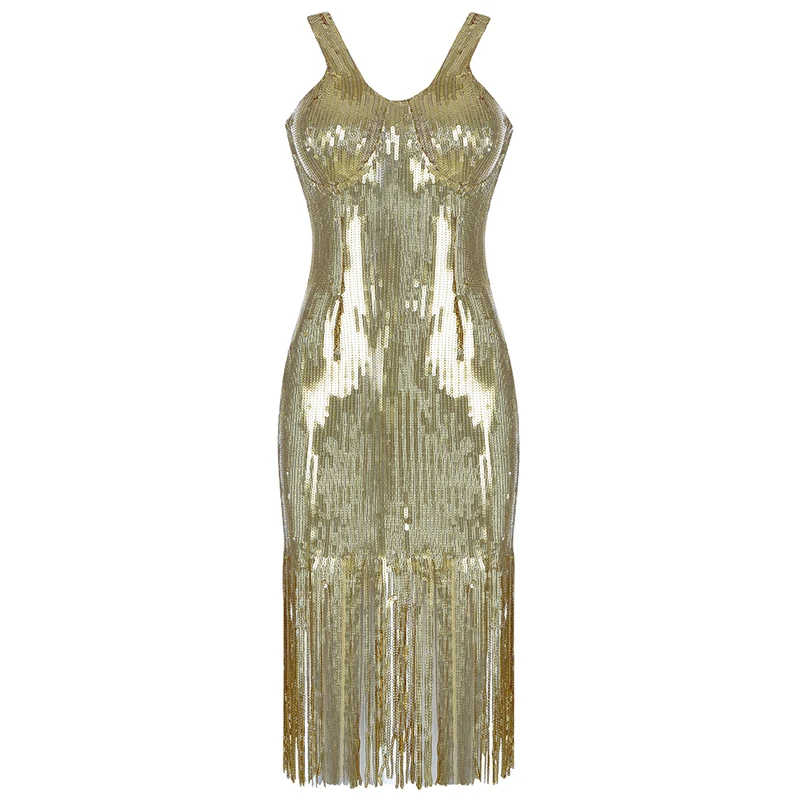 

Max Spri Sexy V Neck Straps Sleeveless Sequined Tassel Party Dress 2019 New Fashion Lady Club Slim Vestidos