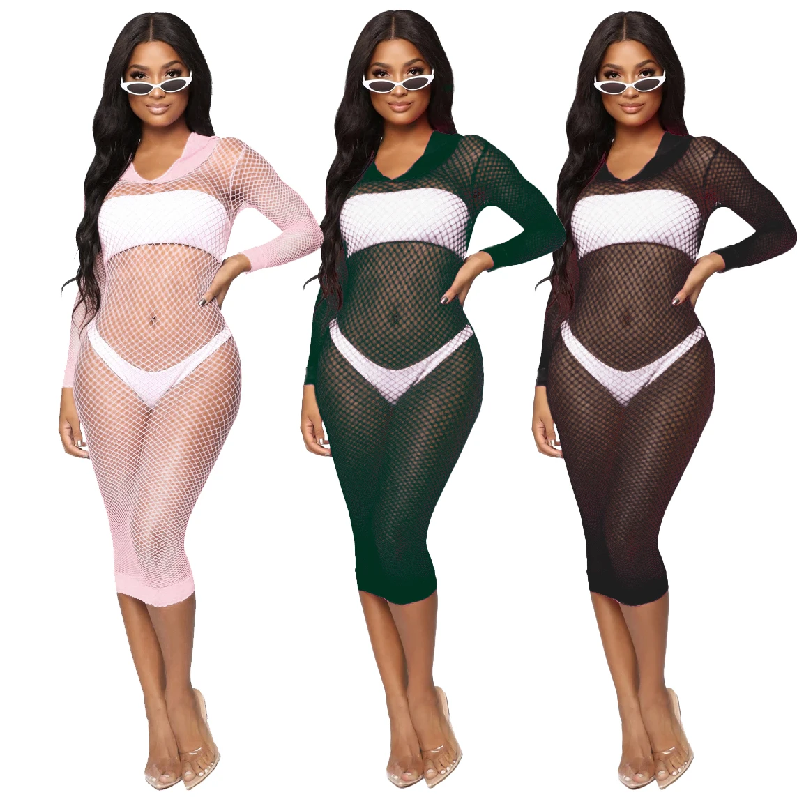 

Sexy mesh bikini blouse women's long-sleeved beach skirt see-through transparent round neck tight dress fashion slim blouse