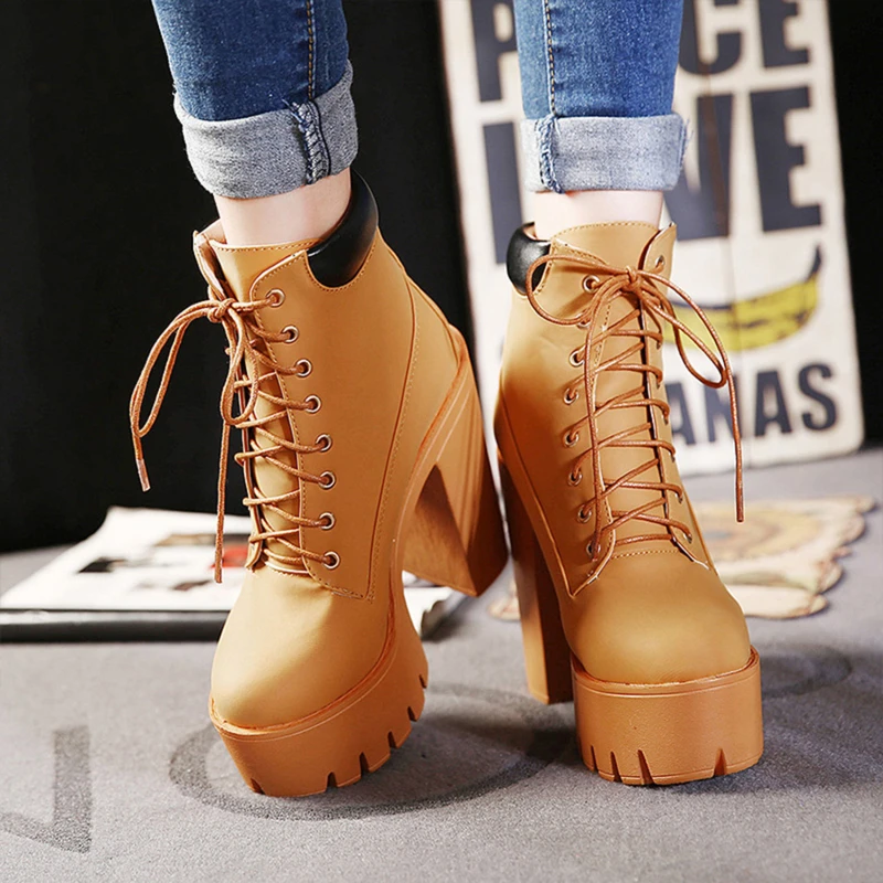 

High Chunky Heel Ankle Boot Lady Nightclub Bar Dancing Shoes Lace-up Tarp Martin Boots Korean Fashion Short Boots Shoes 2021