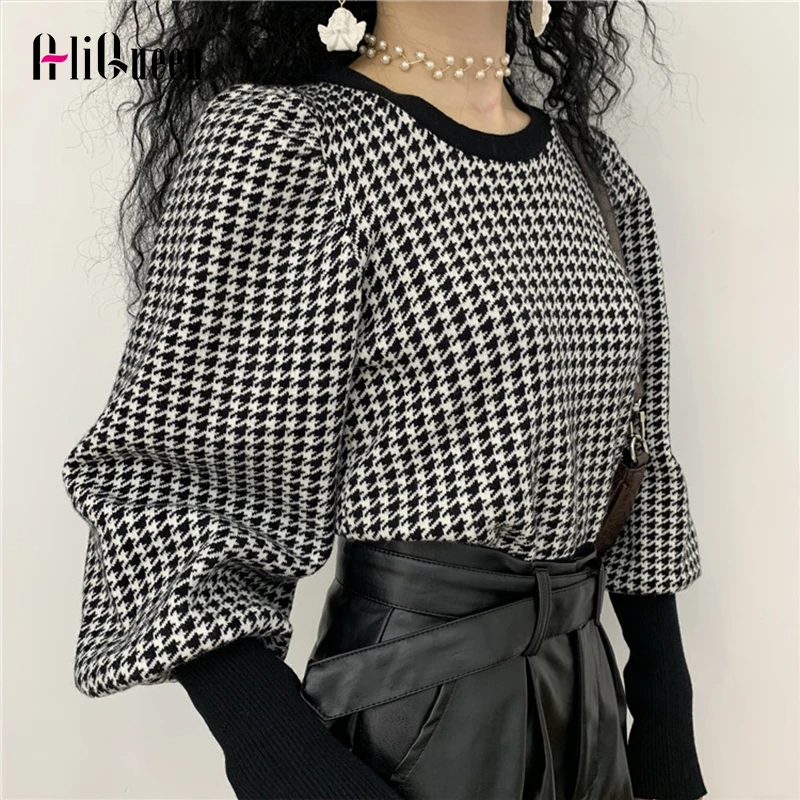 Женский клетчатый свитер с длинными рукавами-фонариками вязаный укороченный топ