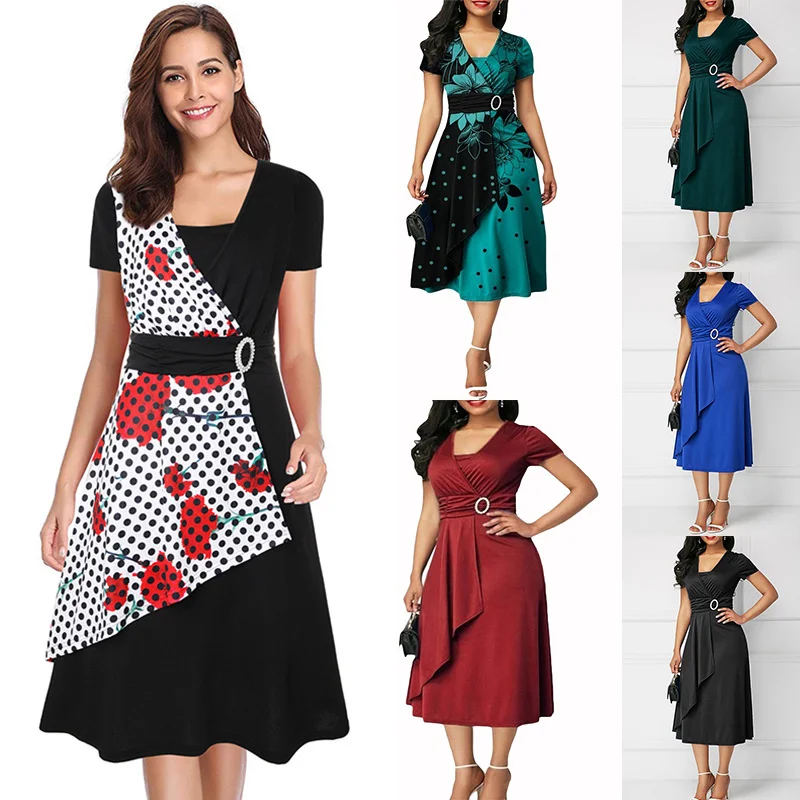 

Women's 2020 new V-neck short sleeve printed large swing dress