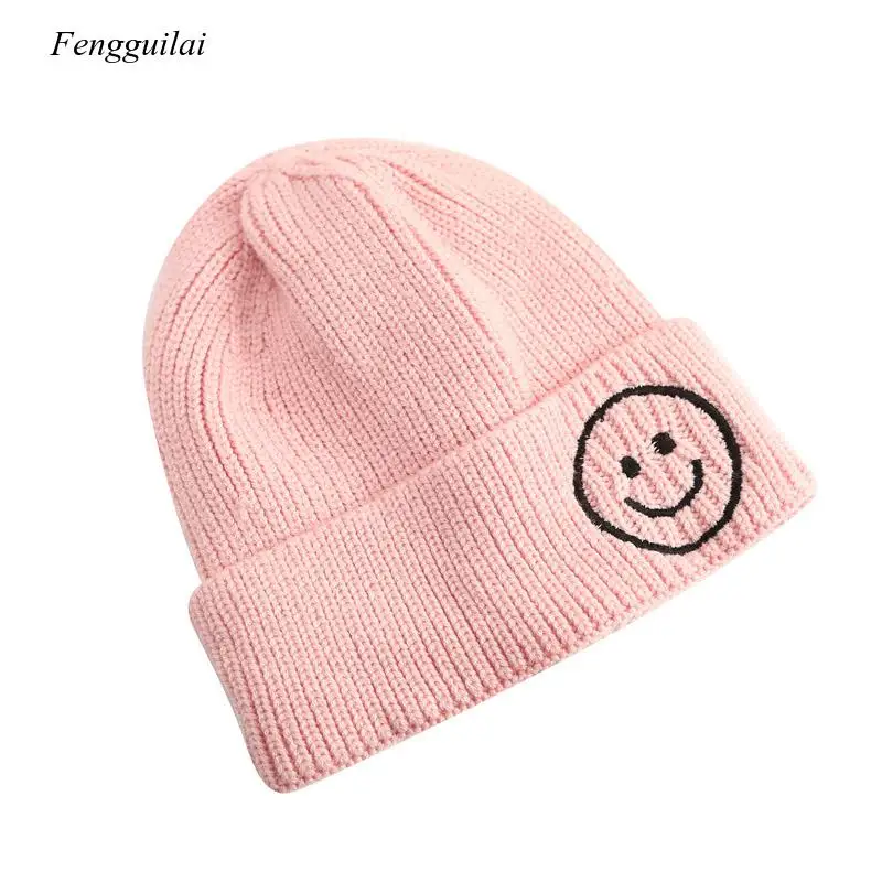 

Baby Solid Color Cartoon Smile Embroidery Knitted Hats Kids Girls Boys Autumn Winter Warm Beanies Caps