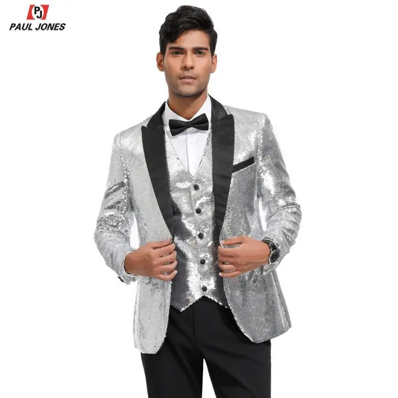 Мужской блейзер с блестящими пайетками от PAUL JONES приталенный пиджак отворотом на