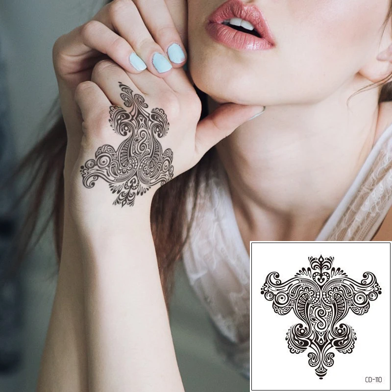 Индийские Ги хна мандала искусственный черный цветок временная татуировка