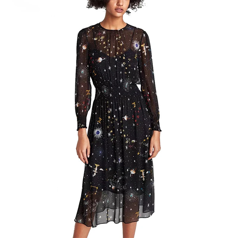 Женское винтажное платье трапециевидной формы ZA Черное длинное из двух