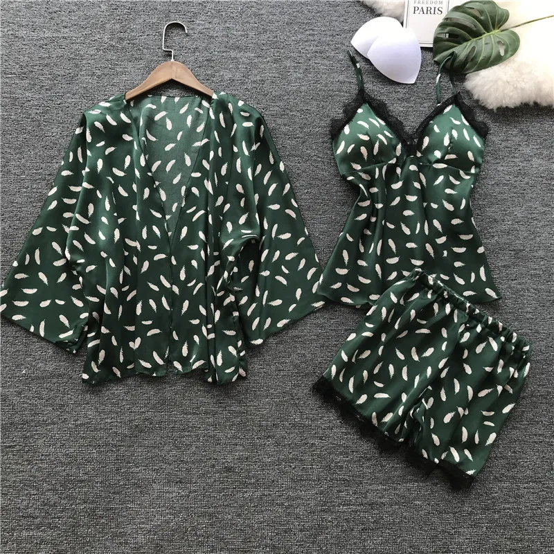 

New Summer Sling Shorts Dressing Gown Three-piece Set Women Feel with Chest Pad Ice Silk Pajamas Han Home Clothes Robe Sets