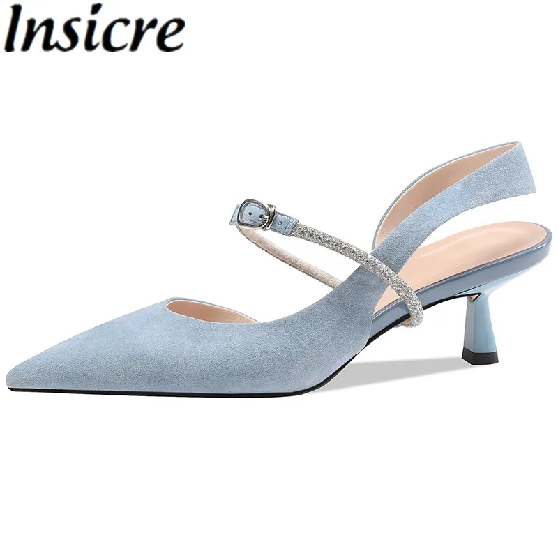 

Insicre Kid Suede Slingbacks Women Pumps Slip-On Spring Summer Shallow Fashion Rhinestone Pointed Toe High Heel Handmade Shoes