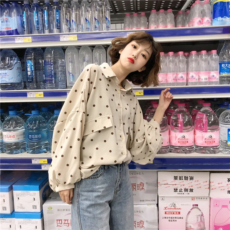

new sweet Korean style Women's Clothing fashion brand spring autumn full sleeve louses female pockets loose polka dot shirts hot