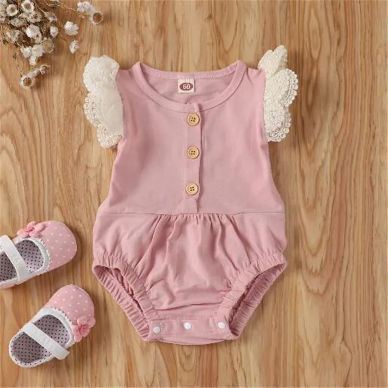 

Infant Lace Flying Sleeve Romper, Button Folding Decoration, Elastic Design Clothing