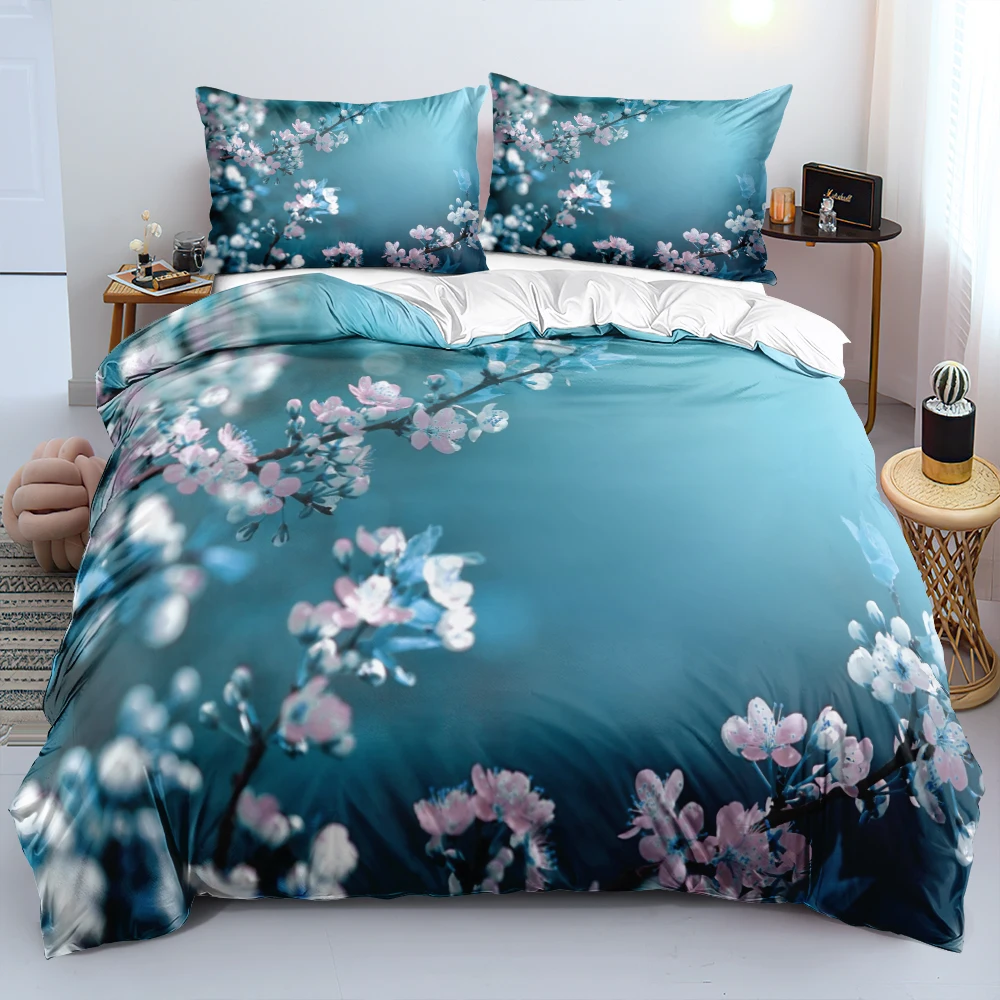 

Home Textile Duvet Cover Set Blue Bedclothes With Pillowcases Twin Full Queen King Sizes Elegant Plum Blossom Pattern Custom