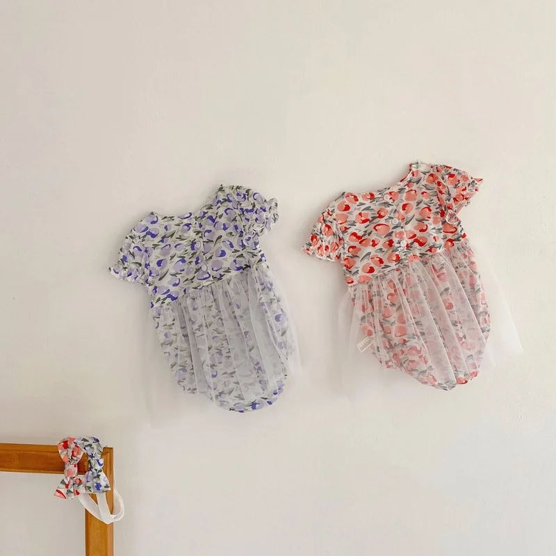 

Infants 2021 Spring and Autumn Dress Baby Girl Wood Ear Edged Mesh Cotton Rompers Toddler Girls Jumpsuit Climbsuits