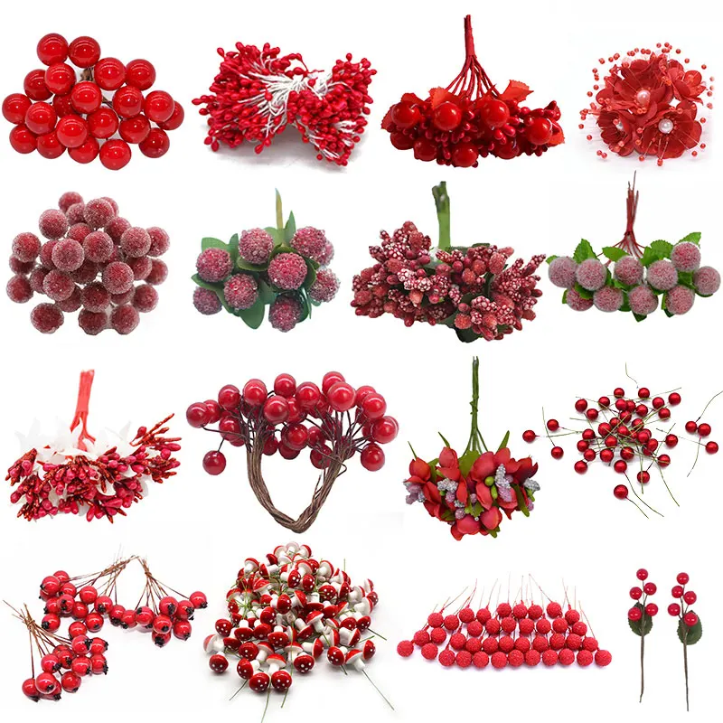 

Christmas Red Flower Artificial Flower Stamen Cherry Berries DIY Christmas Wreath Craft Wedding Party Home Decoration Supplies