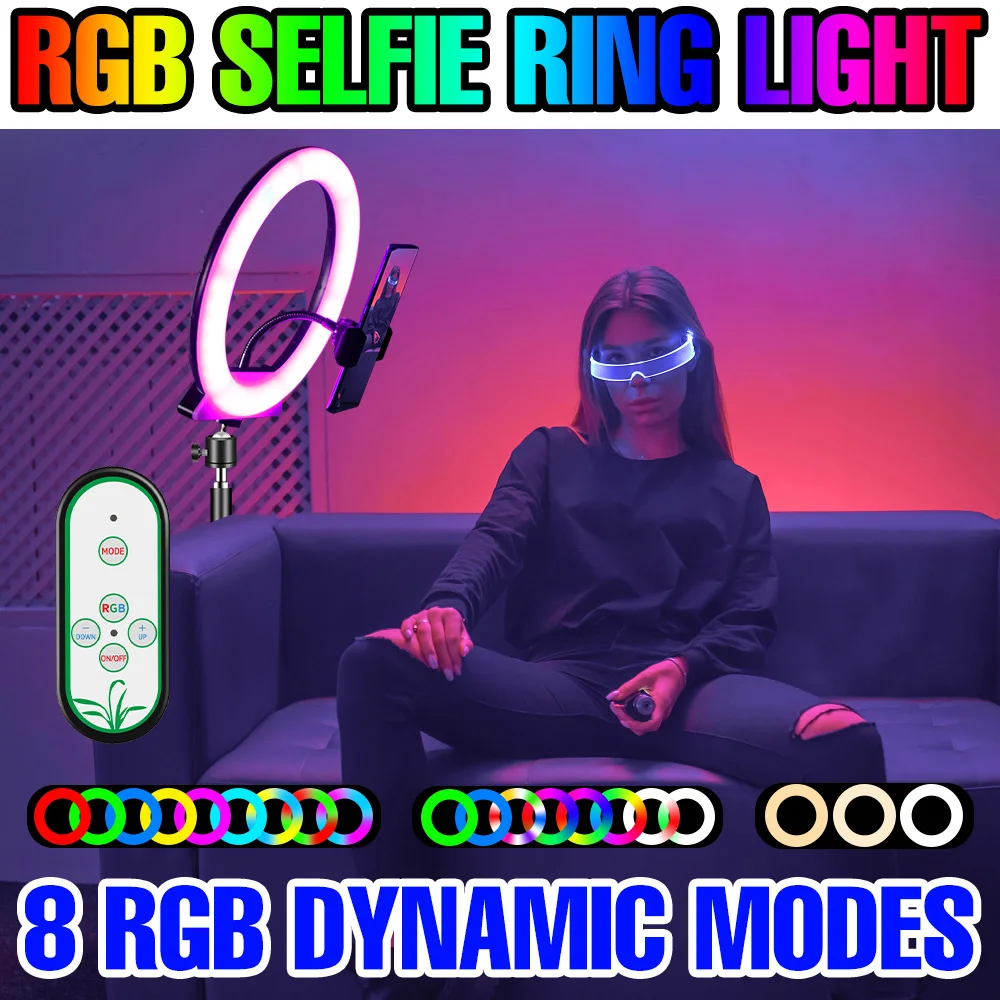 

Светодиодная кольцевая лампа RGB для селфи, осветительный прибор со штативом для фотосъемки, приглушаемый светильник с USB для видеосъемки, ла...