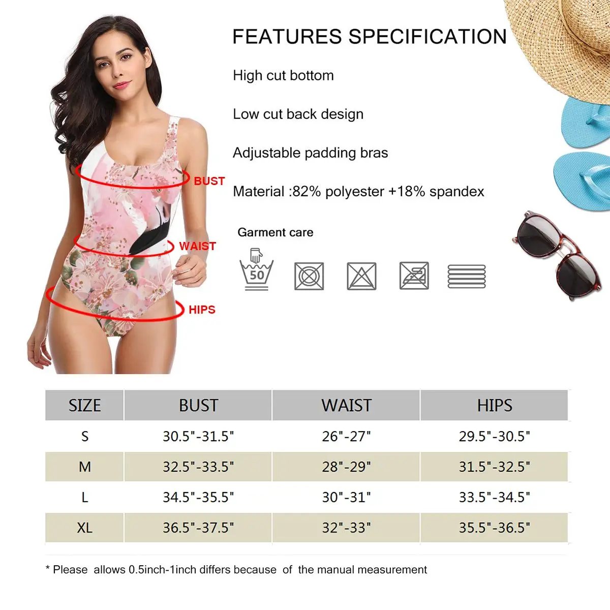 Женский купальник цельный весенний с рисунком розового фламинго и цветов пуш-ап