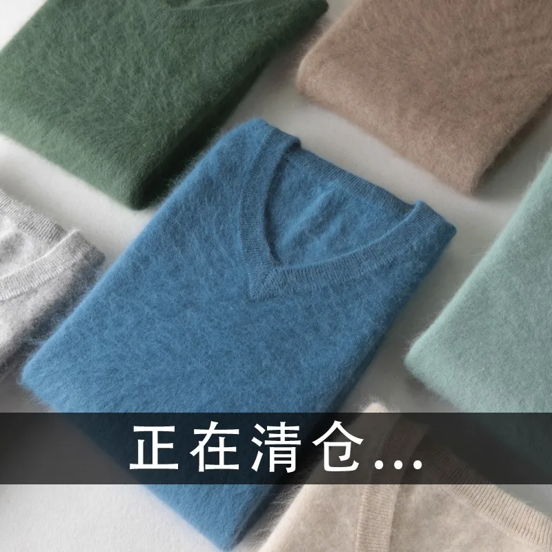 

2020 fashion men clothing mens 100% Mink Cashmere sweater pullover jumper V-neck man korean winter knitted warm thick wool
