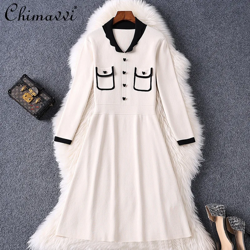 

2021 Autumn Women's Clothing Fashion Long Sleeve V-neck Knitted Stitching Stretch Slim Dress Simple Elegant Long Sleeve Dresses