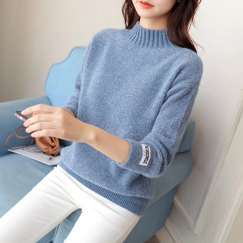 

2021 New Women's Mink Cashmere Half High Neck Loose and Thickened with Bottomed Long Sleeve Knitted Sweater