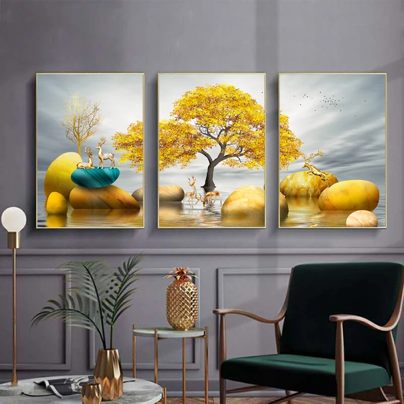 

Nordic Style Goldren Tree and Deer Poster and Prints Animals Canvas Paintings Wall Picture for Living Room Home Decor No Frame