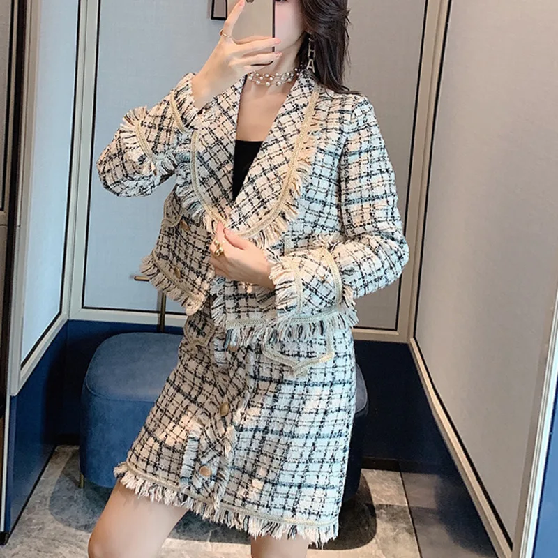 

Autumn Winter Tweed Two Piece Set Women Fashion Korean Woolen Jacket Coat + Mini Skirt Sets For Women 2 Piece Outfits For Women
