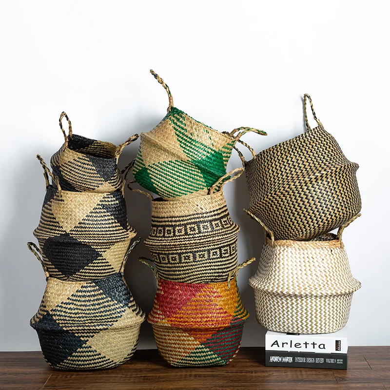 

Set of 3 Woven Seagrass Belly Basket with Handles Large Storage Container for Plant Laundry Picnic Grocery Basket Home Decor