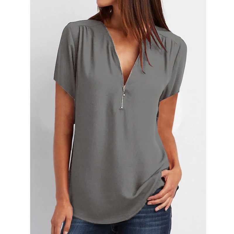 

2021 Summer Casual Blouse Women Top And Blouse Women Shirt Short Sleeve Black Solid V-Neck Chiffon Shirt