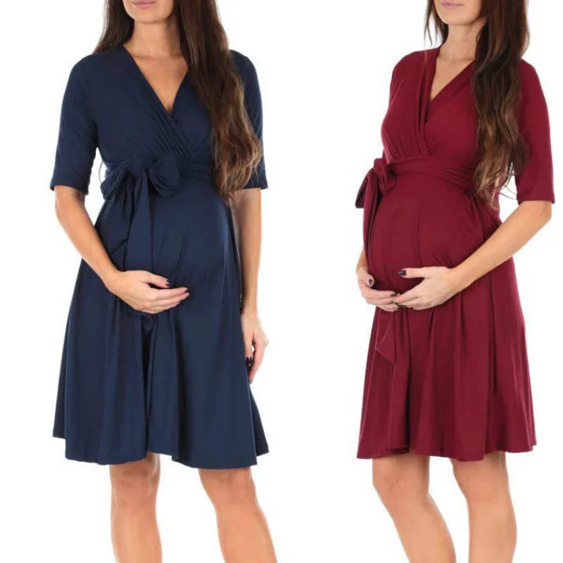 

Women Short Sleeve Maternity Dress V-Neck Casual Flowing Tunic Dress Pregnancy Clothes High Waist Pleated Elegant Charming Dress
