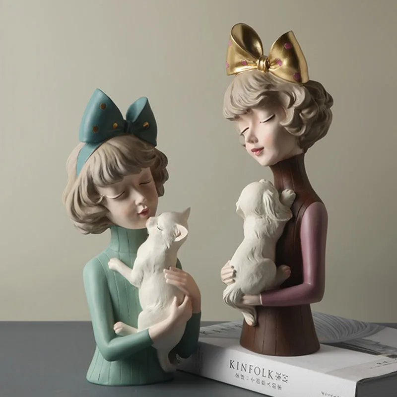 

Nordic Creative Dog Cat Girl Sculpture Character Statue Modern Desktop Art Ornament Retro Figurine Home Decoration Accessories