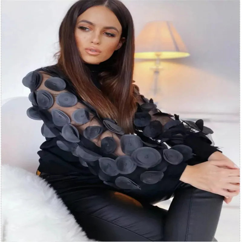 Женская Просвечивающая блузка с высоким воротником длинным рукавом и