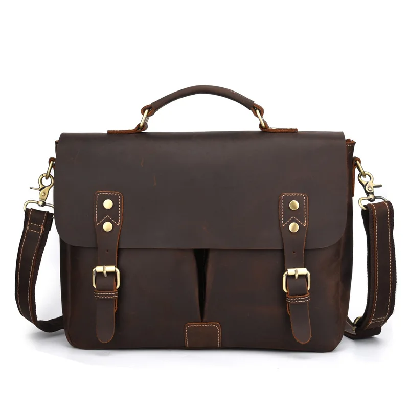 Coffee Crazy Horse, натуральная кожа, 14 дюймов, портфель, мужская сумка с верхней ручкой, сумка-тоут, мужские сумки через плечо, мужская сумка-мессенджер - Цвет: Coffee