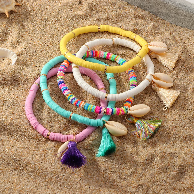 

Wholesale Tassel Shell Charms Bracelet for Women Colorful Rubber Beads Shell Bracelet Handmade Seashell DIY Summer Beach Jewelry