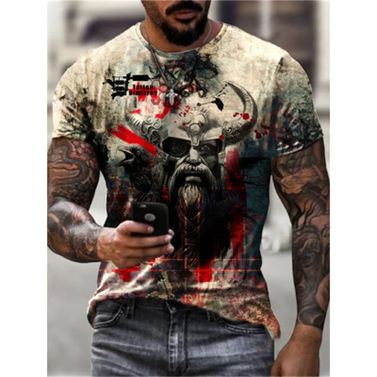 

2021 New Summer Menswear Slim Fit Viking Myth Print Crew Neck Casual Sports 3d T-shirt
