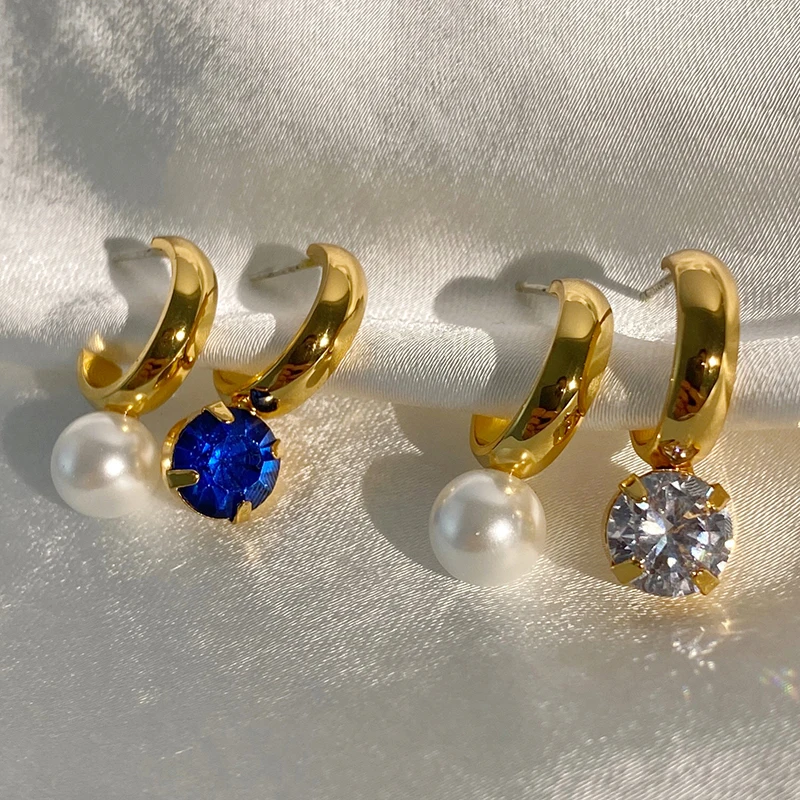 

Серьги-кольца Асимметричные женские из нержавеющей стали, изящные элегантные украшения с перламутровым камнем синего и зеленого цвета, не ...