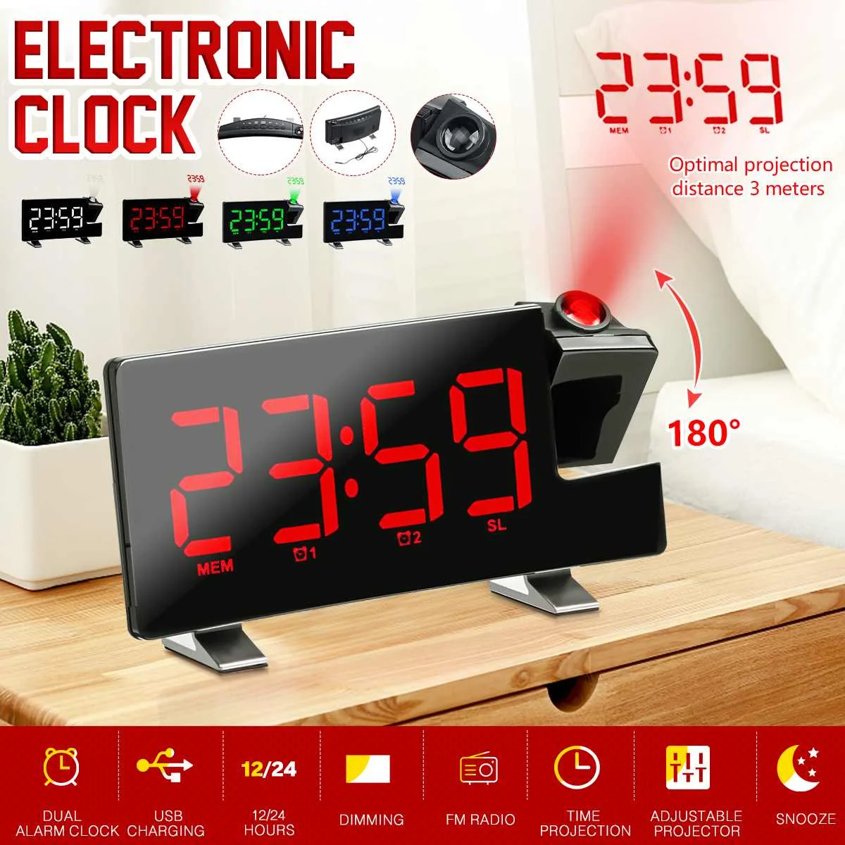 

LED Digital Alarm Clock Electronic Desktop Clock USB Wake Up FM Radio 5m Projector Snooze Function Stepless Dimming Home Decor