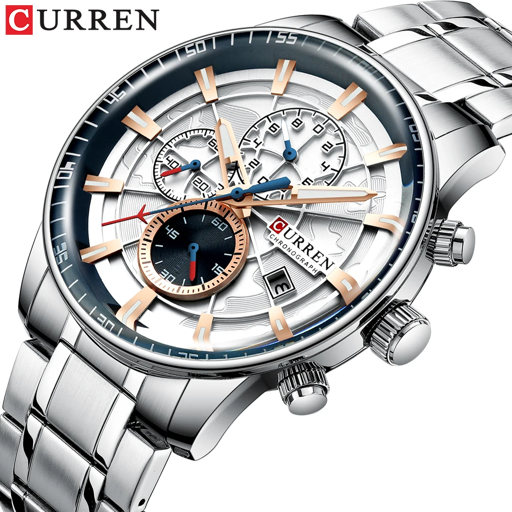 

CURREN New Fashion Silver Golden Quartz Watch Stainless Steel Waterproof Wristwatch Luminous Luxury Brand Chronograph Date Clock