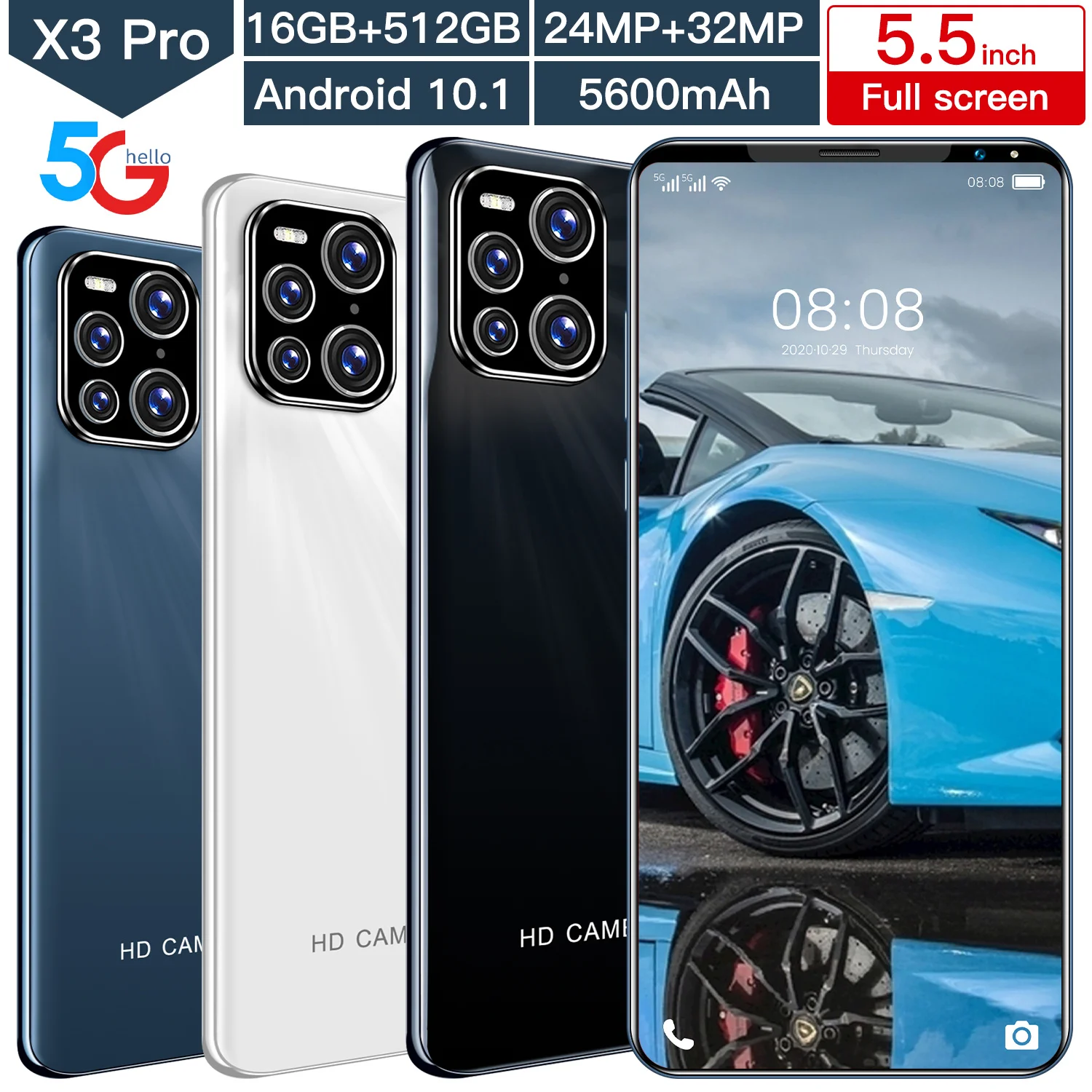 

2021 Latest X3 Pro 5.5 Inch Dual SIM Card MT6889 Smart Phones Andorid 10.1 12GB+512GB GPS Wifi Wireless 24MP+32MP Mobile Phones