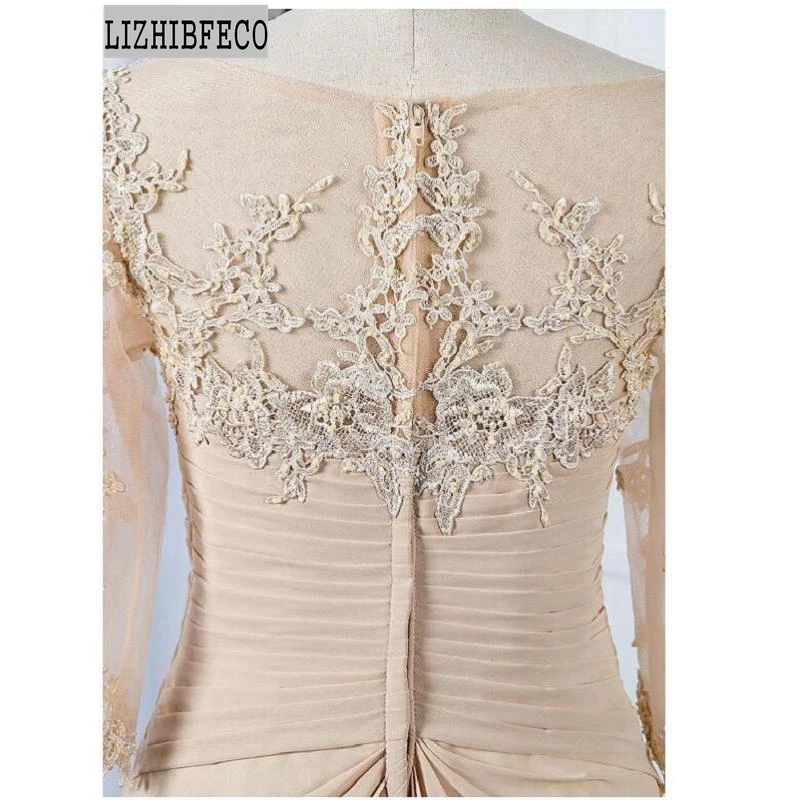Champagne Chiffon Lace Beading V-Neck Half Sleeves Floor-Length A-line Mother of the bride dress Court Train
