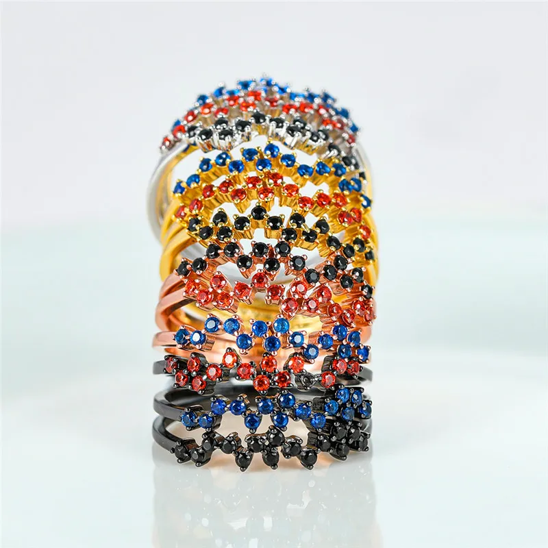 

Elegant Female Blue/Red/Black Zircon Ring Charm 925 Silver Gold Black Crystal Ring Fashion Engagement Wedding Rings For Women
