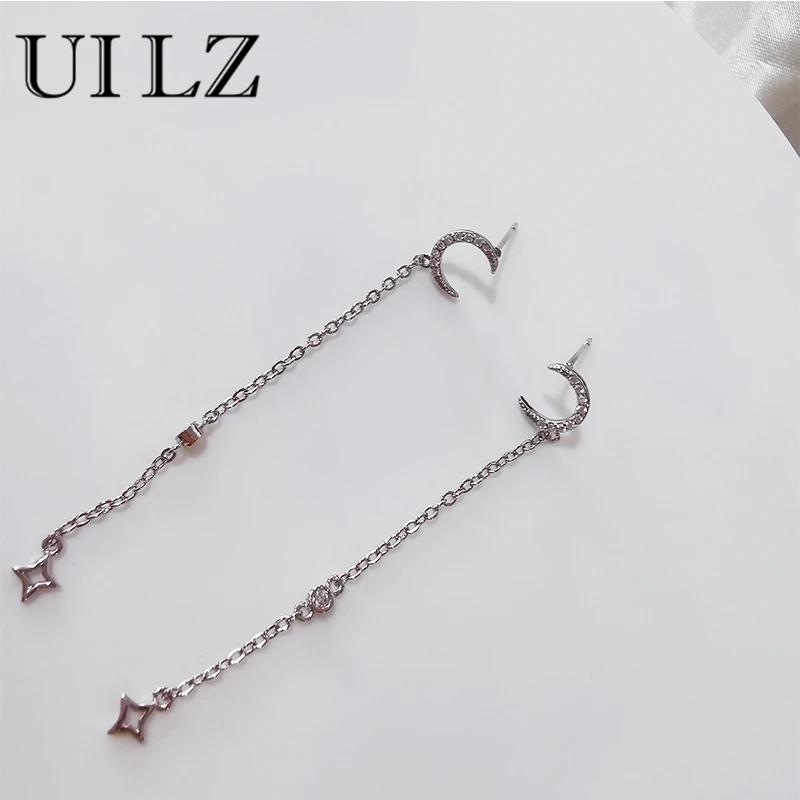 

UILZ Women Fashion Moon & Star Cubic Zirconia Long Chain Dangle Earrings Temperament Girl Wedding Party Jewelry Gift EA037