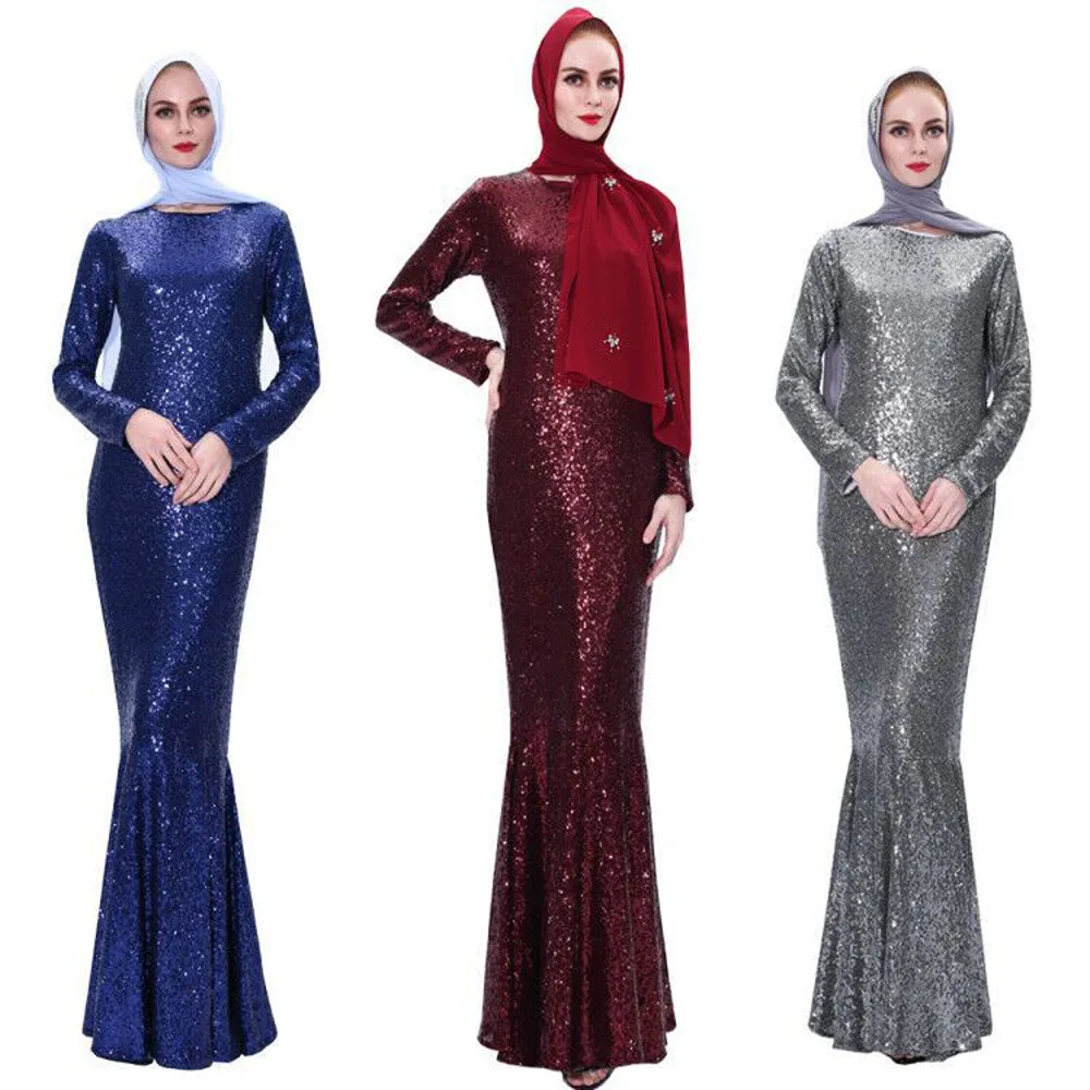 

2020 Ramadan Sequins Dress Arab Slim Muslim Dress Floor-Length Prom Gowns Robe De Soriee Full-Sleeve Mermaid O-neck Vestios