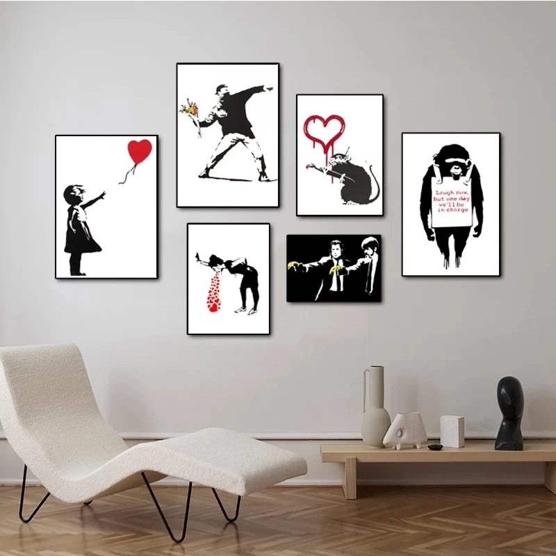 

Banksy Graffiti Artwork Canvas Painting Girl With Red Balloon Poster Black White Abstract Wall Pictures for Nordic Home Decor