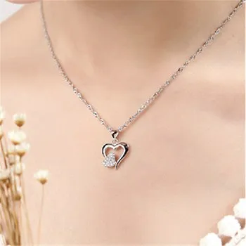 

Heart-shaped Silver Heart-print Pendant Popular Diamond Double Heart Pendant Necklace JDZ471