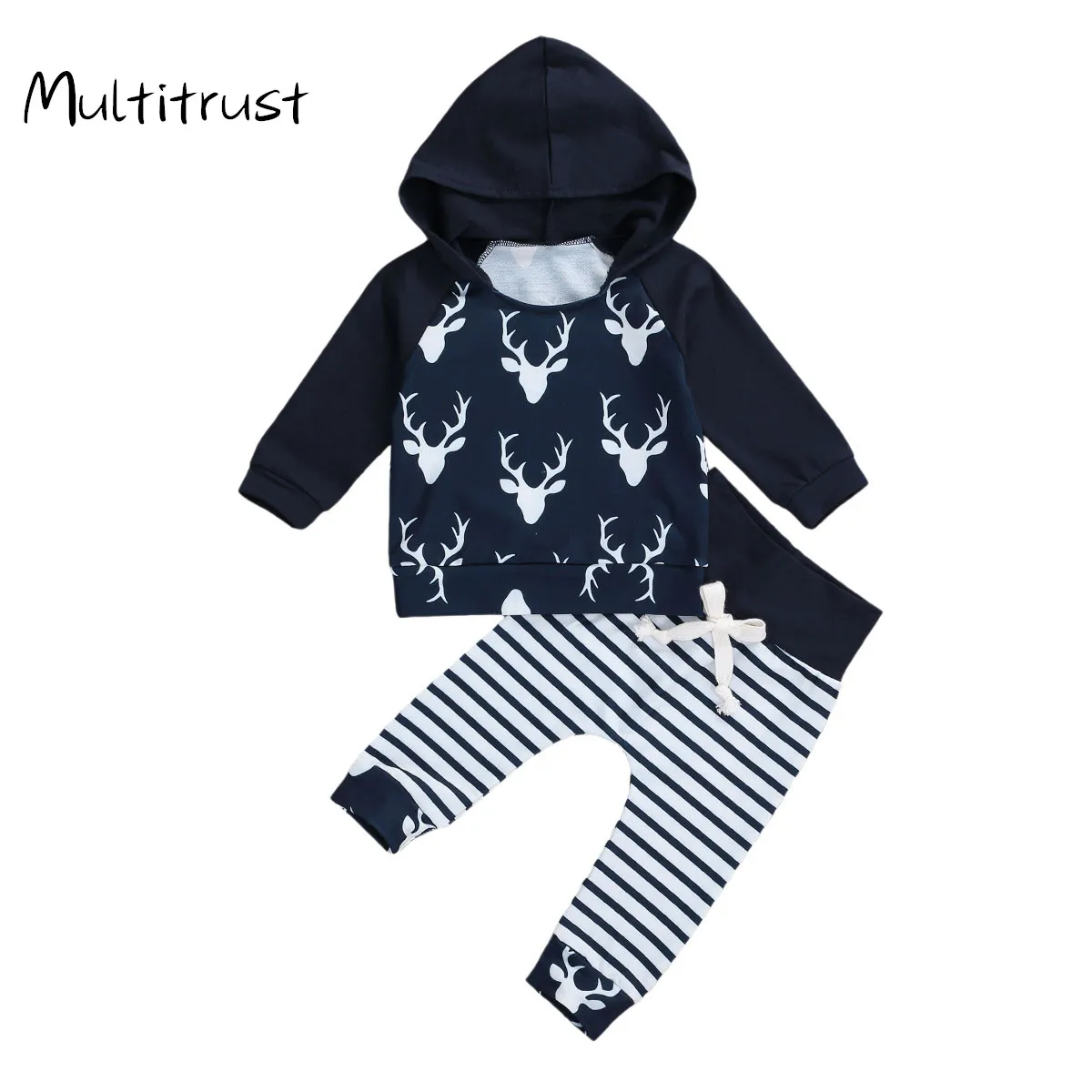 

Свитер с капюшоном и брюки для малышей, Рождественская одежда, Весенняя Дизайнерская одежда в полоску с изображением лося и кулиски