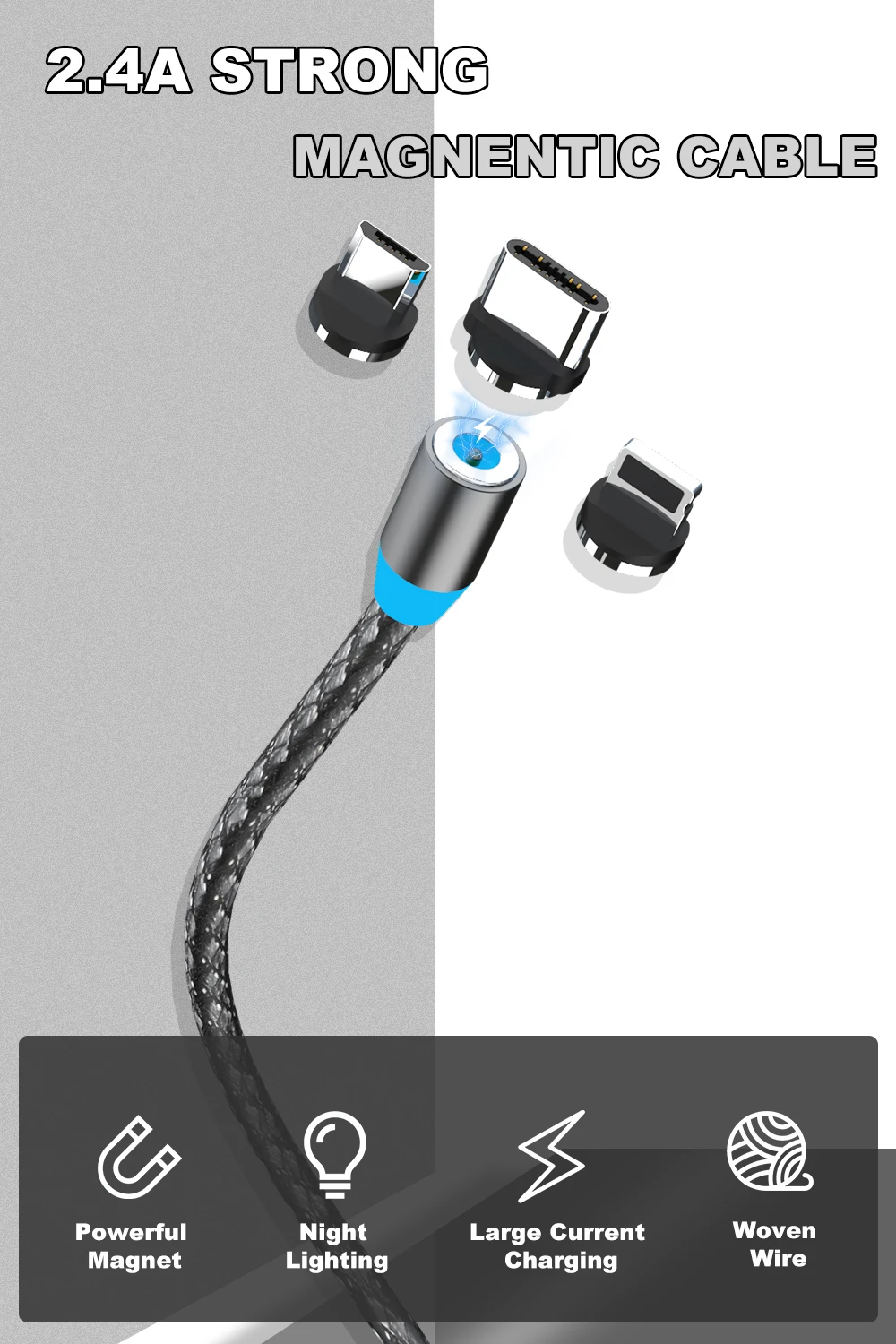 Магнитный кабель Vanniso Micro USB с нейлоновой оплеткой, кабели для мобильных телефонов samsung s8, Xiaomi mi9, USB C, Microusb, светодиодный, магнитный, зарядное устройство